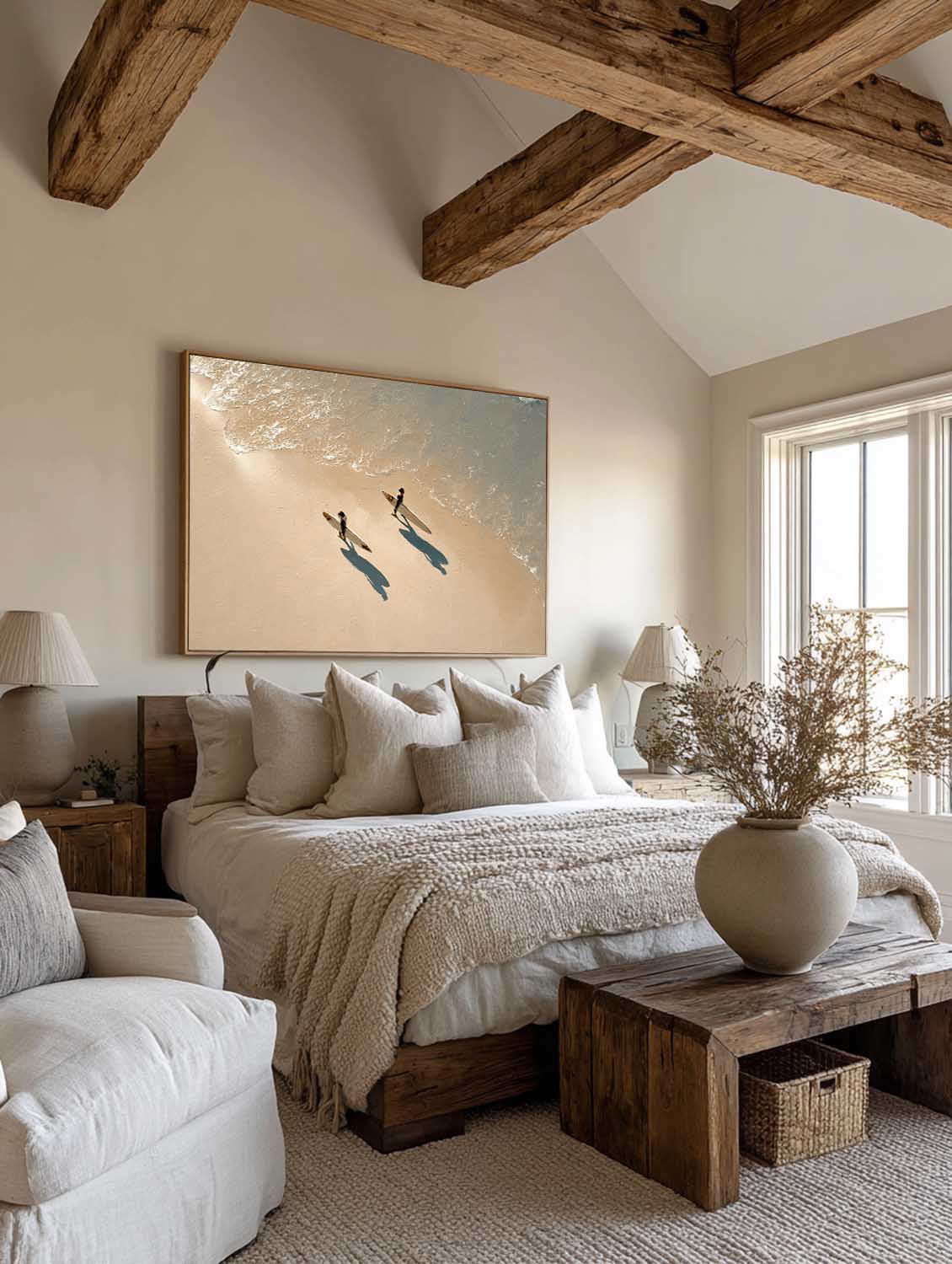 Handmade Blue and Beige Textured Oil Painting Contemporary Beach Scene Artwork Large Textured Seascape Wall Art