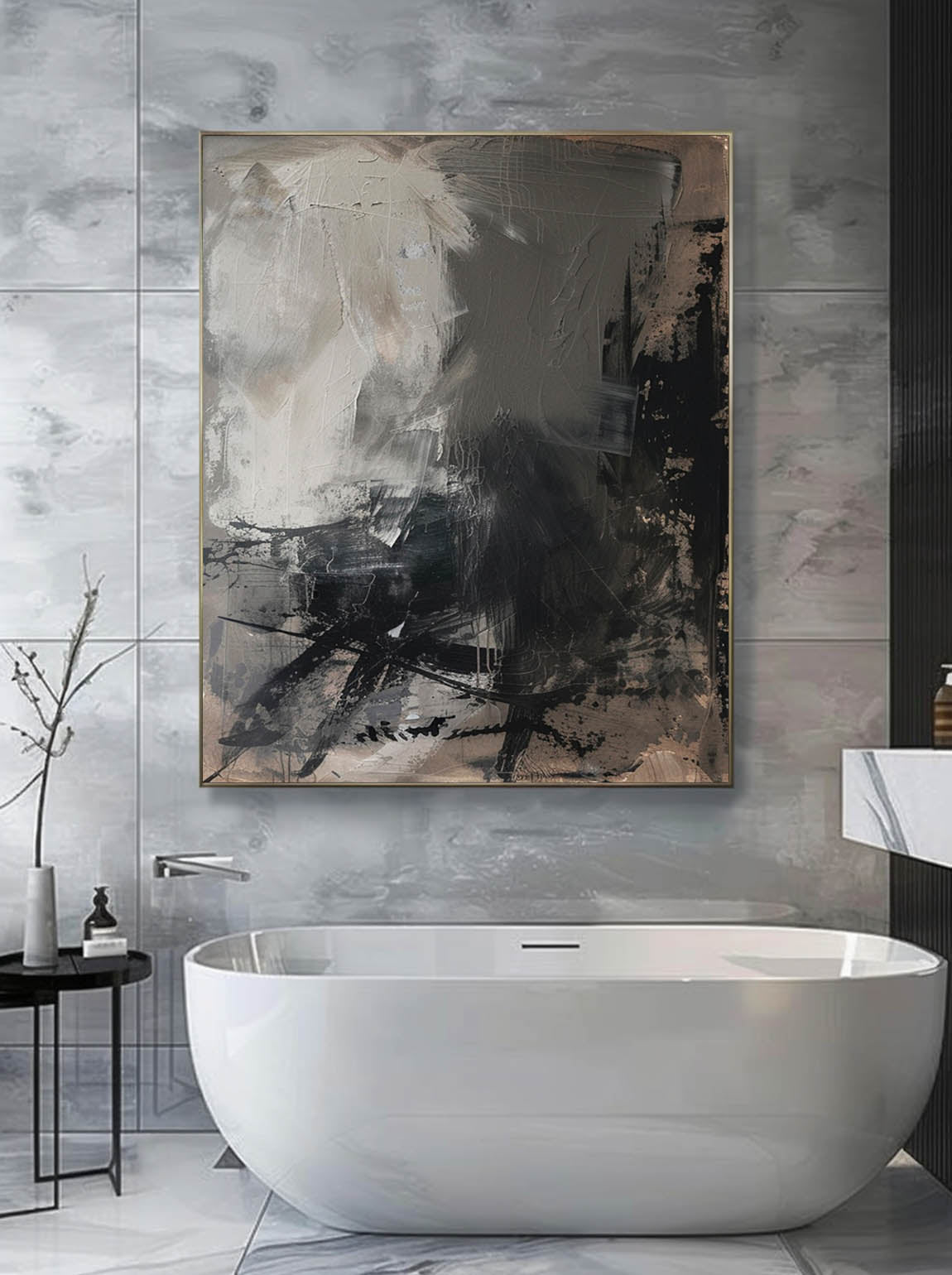 Vintage Black Grey Canvas Art Neutral Grey Black Painting On Canvas Original Black Abstract Wall Art