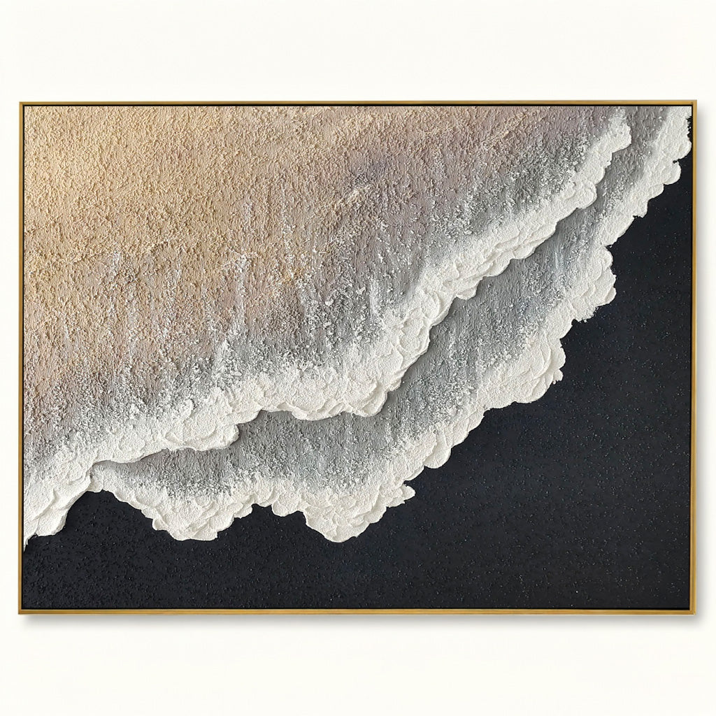 3D White And Black Minimalist Ocean Waves Art Large White And Black Minimalist Beach Painting Wabi-Sabi Wall Art