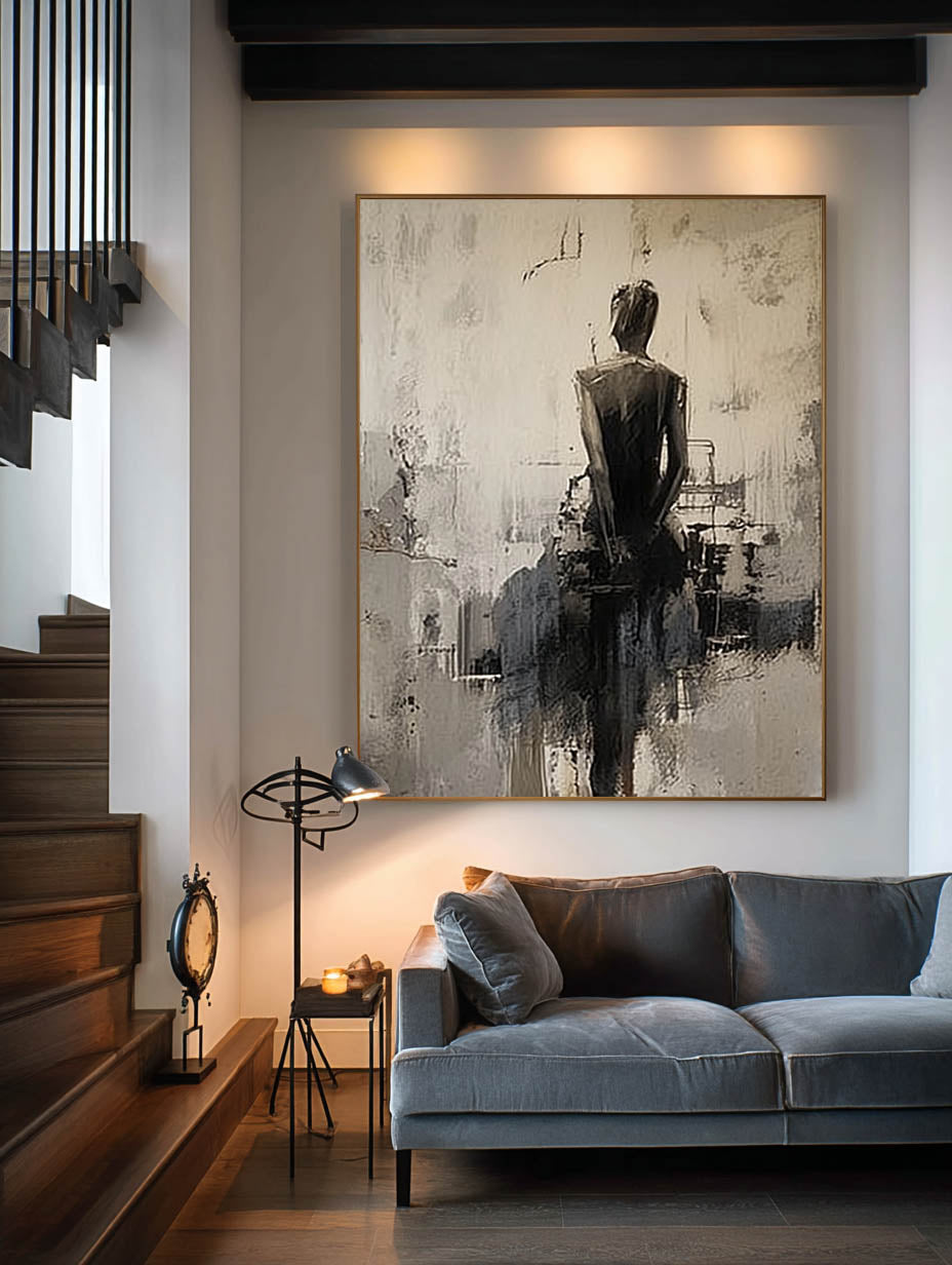 Minimalist Abstract Lady Canvas Artwork Handmade Black And Beige Lady Oil Painting Handmade Abstract Woman In Black Dress Oil Painting