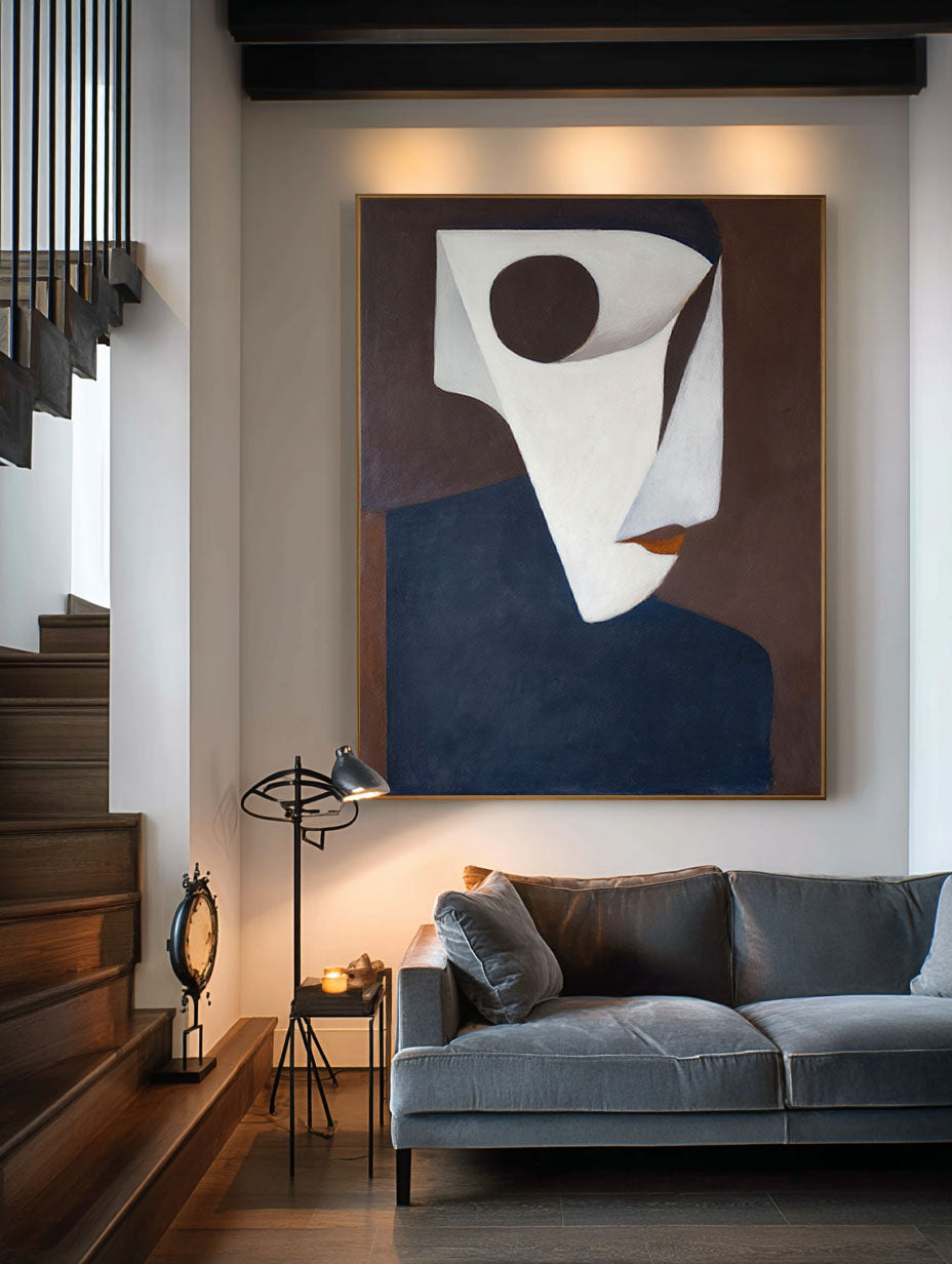 Modern Mask Like Figure In Neutral Tones Large Abstract White And Blue Oil Painting Minimalist Modern Canvas Art