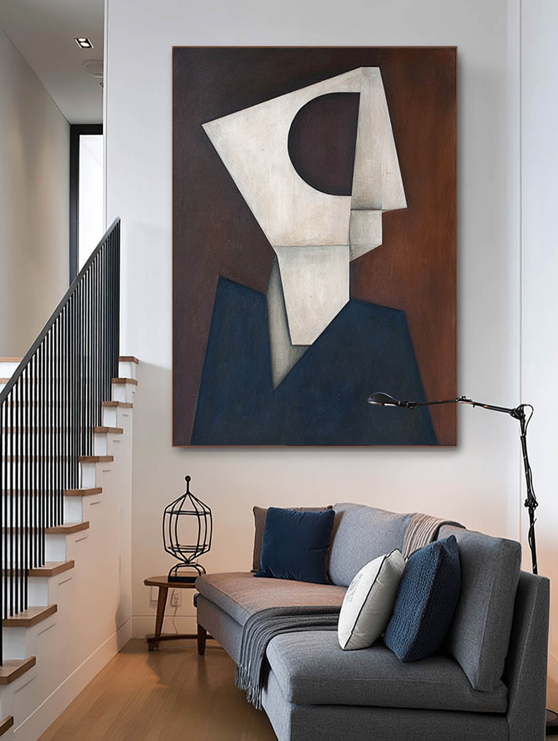 White & Blue Geometric Abstract Painting Large Handmade White And Blue Geometric Abstract Oil Painting Minimalist Cubist Wall Art