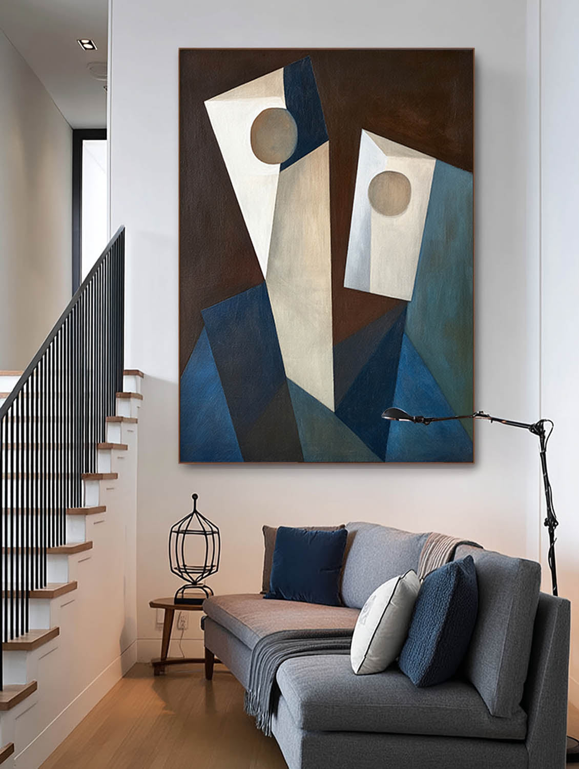 Minimalist Beige And Blue Abstract Geometric Faces Art Handmade Wabi Sabi Beige And Blue Geometric Faces Art Handmade Canvas Wall Decor