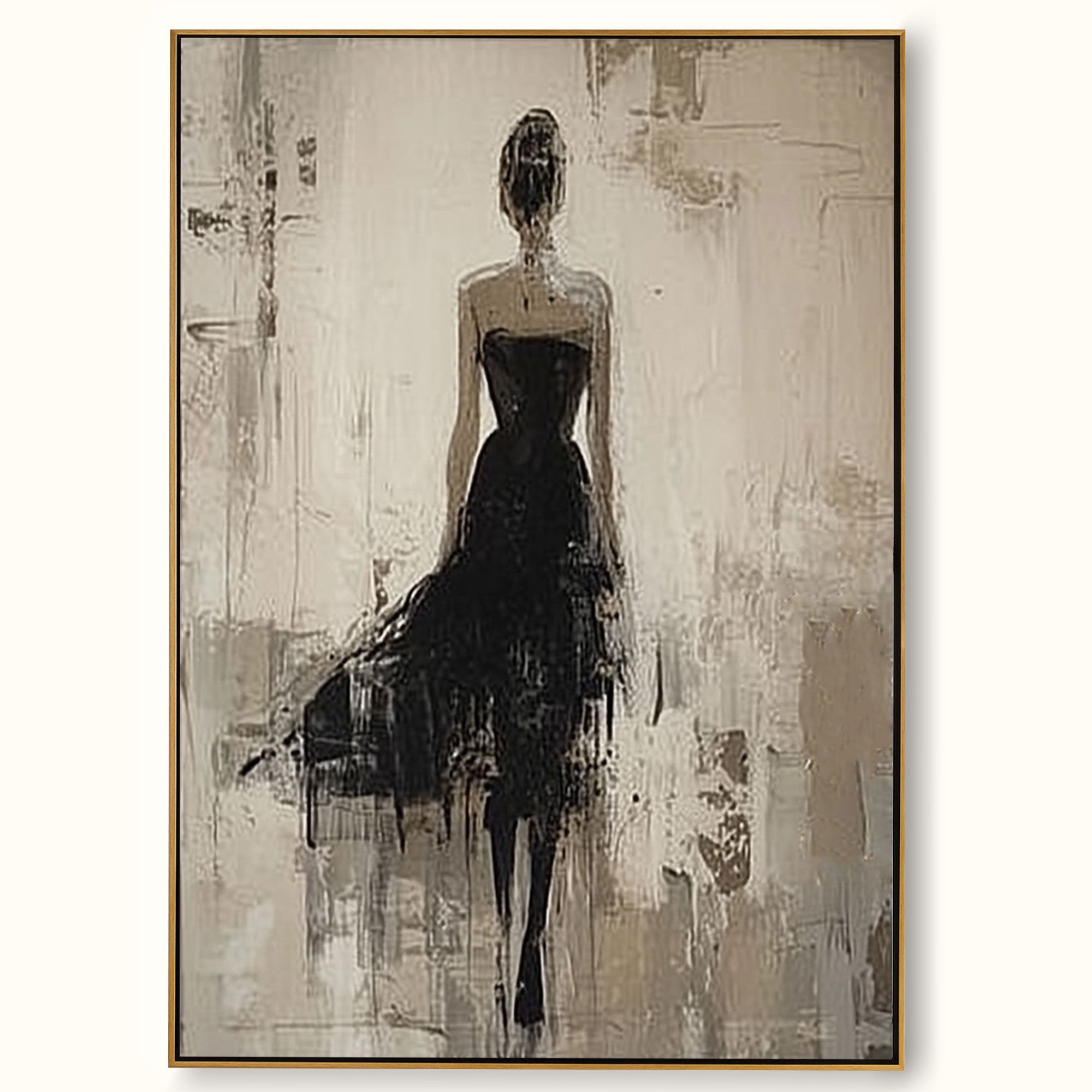 Handmade Modern Woman Art In Black Dress Large Wabi Sabi Female Painting Neutral Abstract Female Figure Oil Painting