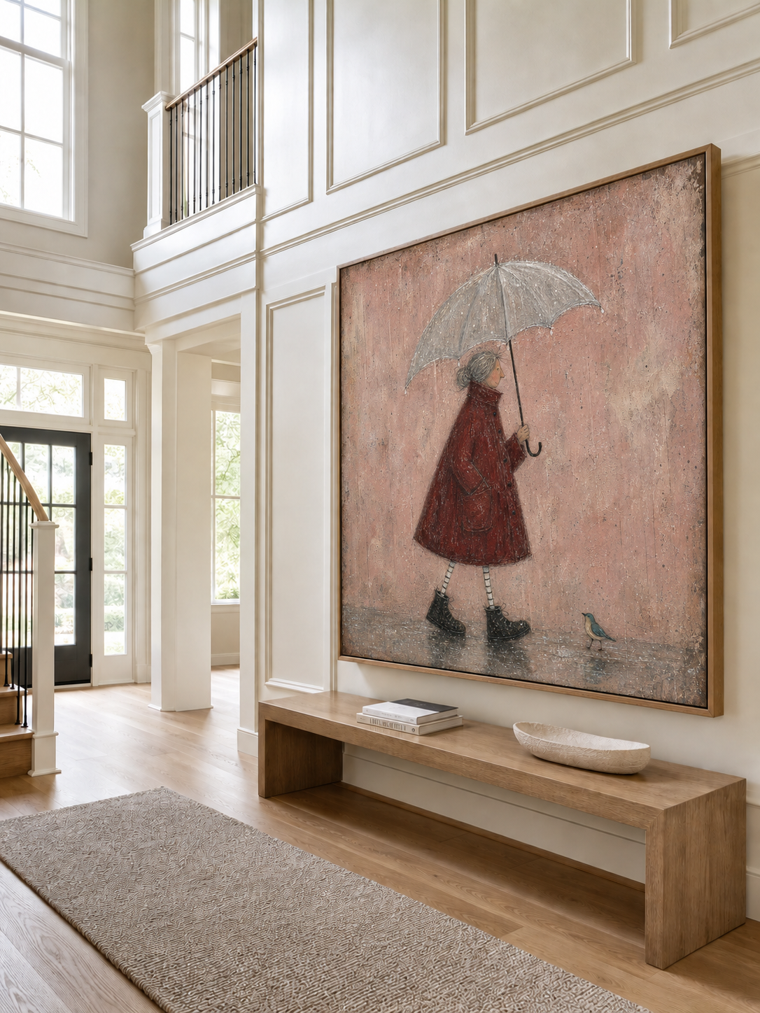 Rainy Day Painting Red Coat Woman Canvas Wall Art Soft Minimalist Decor
