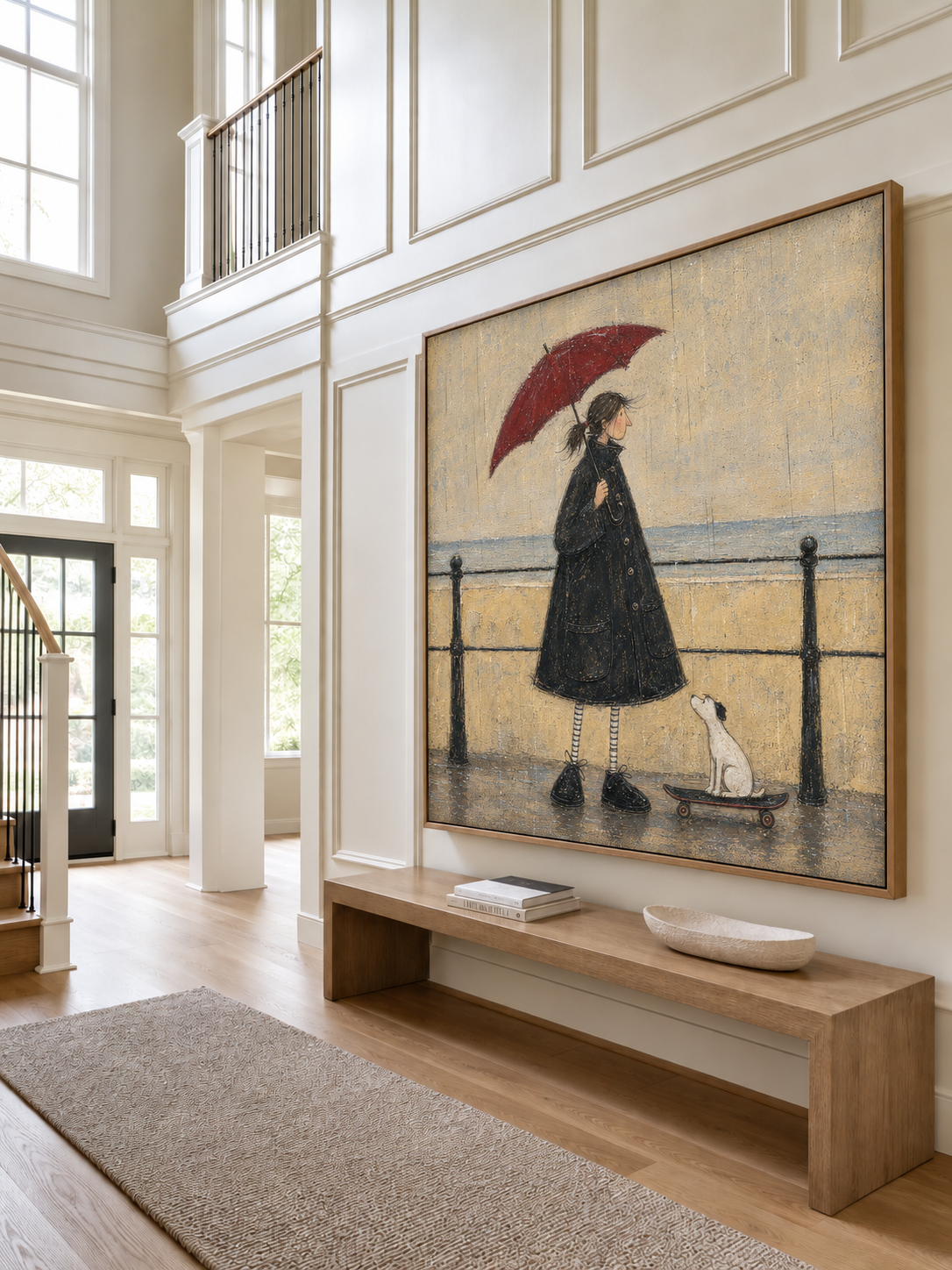 Entryway Wall Art Woman Dog Umbrella Canvas Painting With Paris Mood Decor