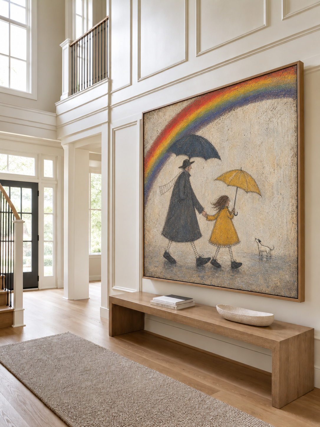 Family Portrait Painting Father Daughter Wall Art Under Rainbow Decor