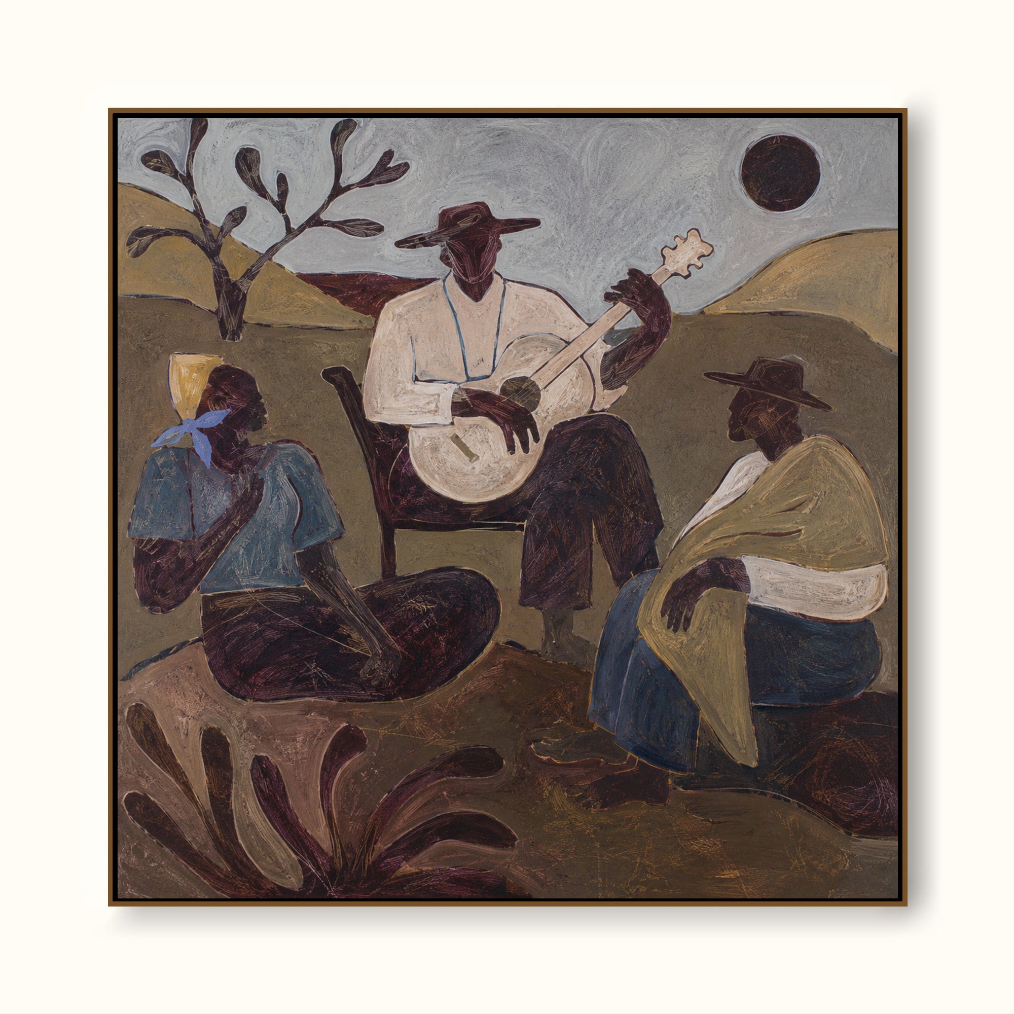 Original Folk Music Painting With Moonlight Scene Oil Painting Large Rustic Southwestern Wall Art