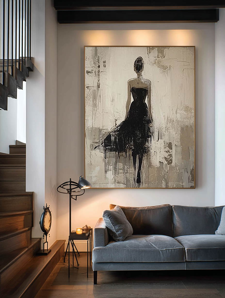 Handmade Modern Woman Art In Black Dress Large Wabi Sabi Female Painting Neutral Abstract Female Figure Oil Painting