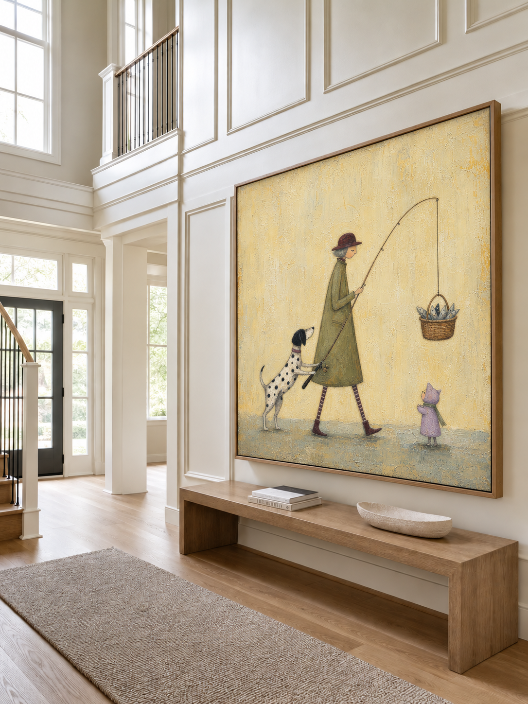 Whimsical Dog Fishing Painting For Kids Room Vintage Style Square Canvas Art