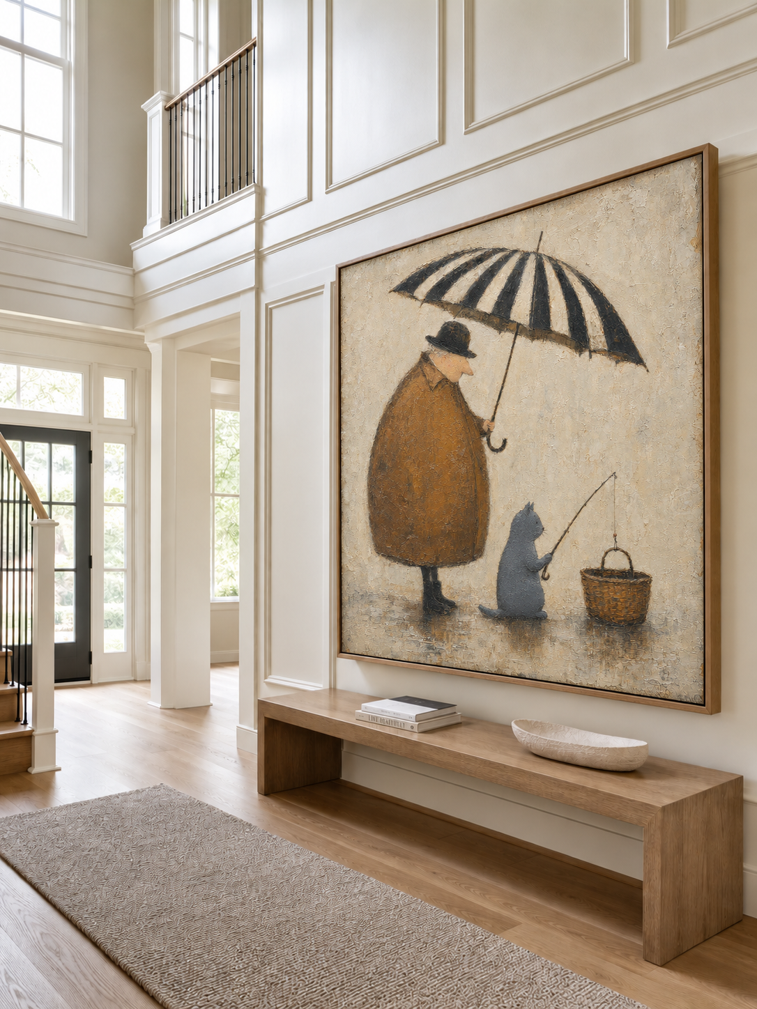 Whimsical Cat And Man Painting With Umbrella For Cozy Home Decor