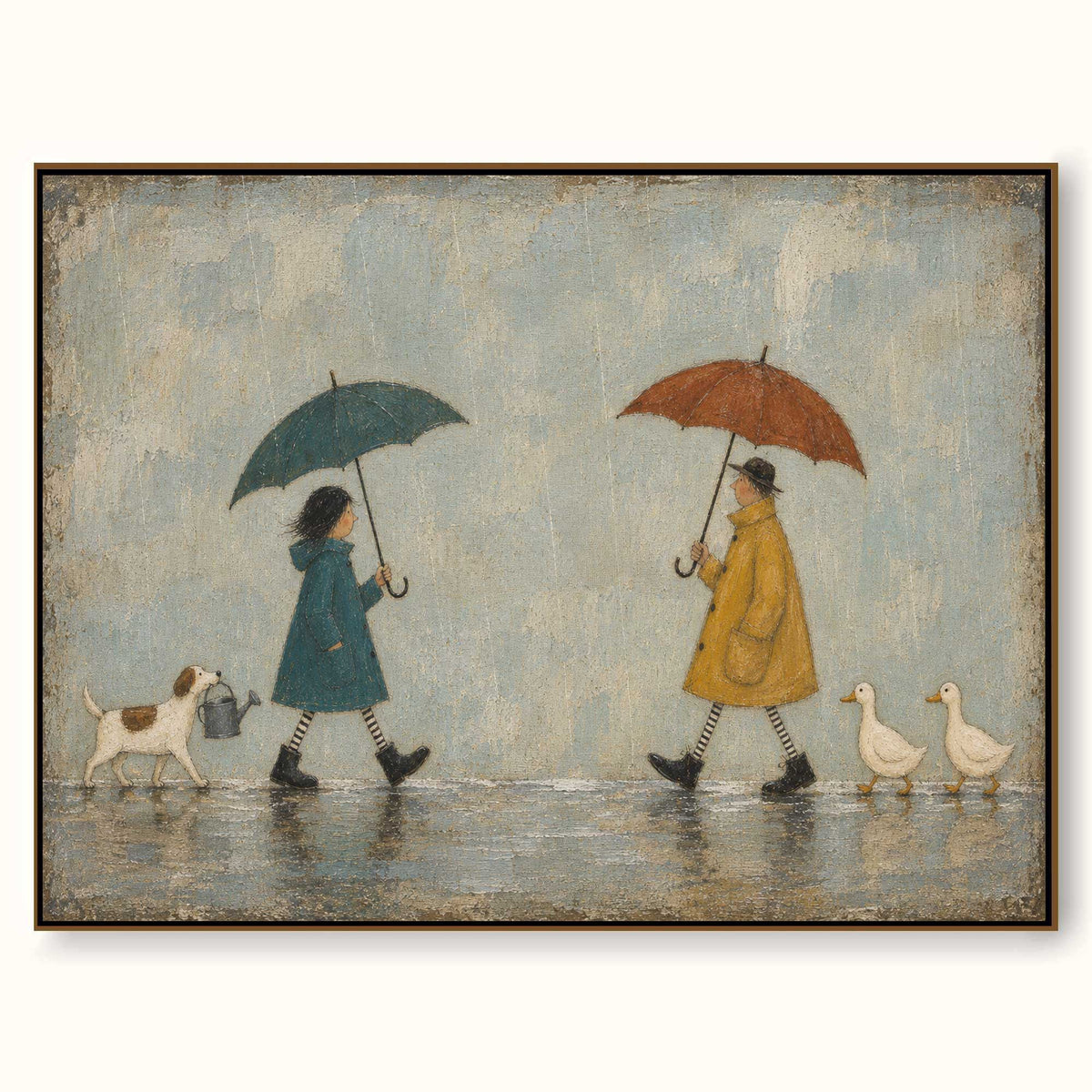 Whimsical Couple With Umbrellas Dogs And Ducks Hand Painted Wall Art