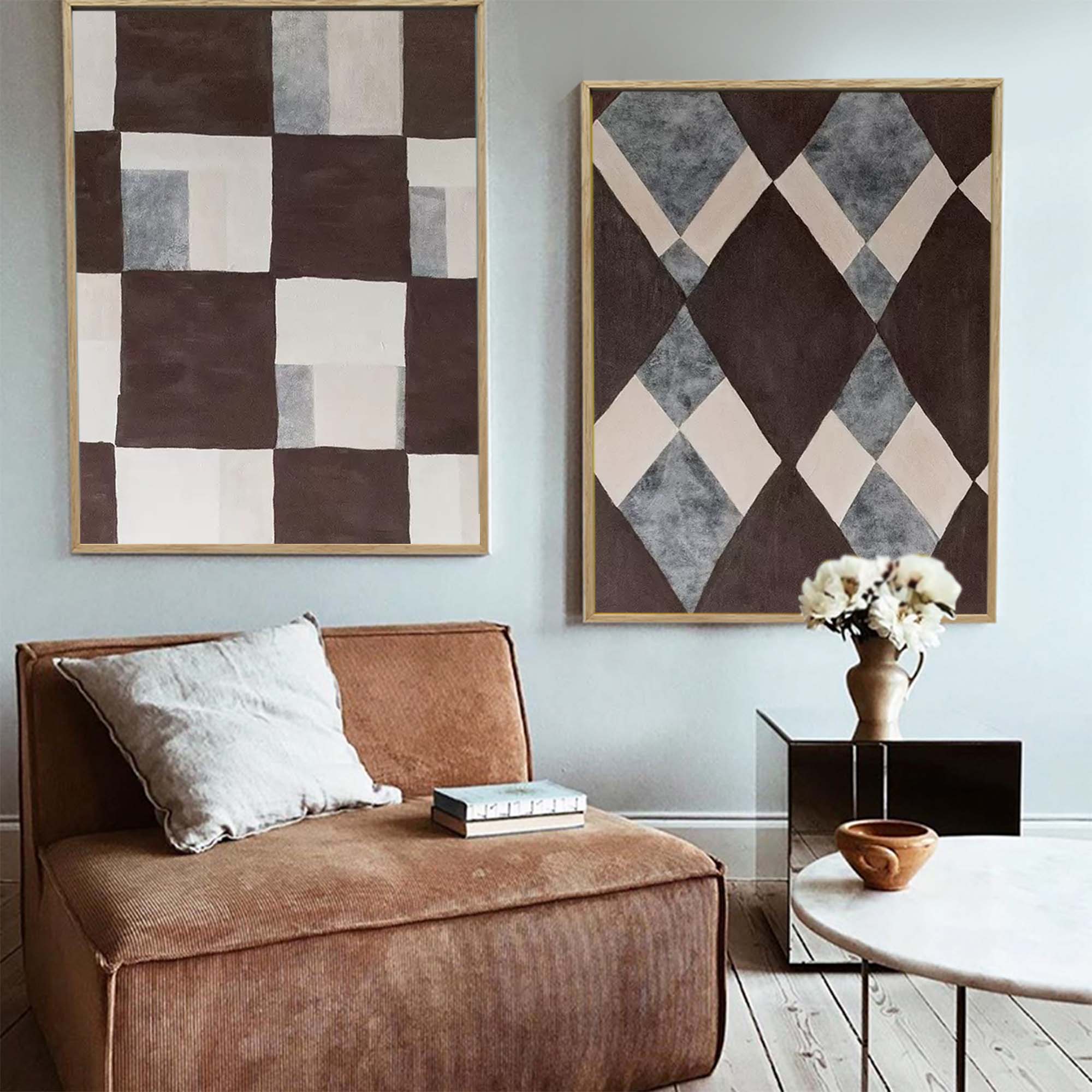 2 Piece Modern Minimalist Geometric Canvas Painting Set Of 2 Minimal Canvas Painting Brown
