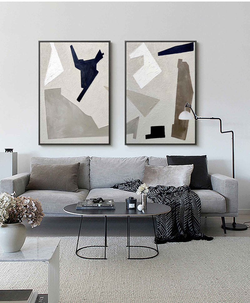 2p Minimalist Geometric Canvas Art Framed Grey And White Diptych 2 Minimalist Texture Painting Acrylic