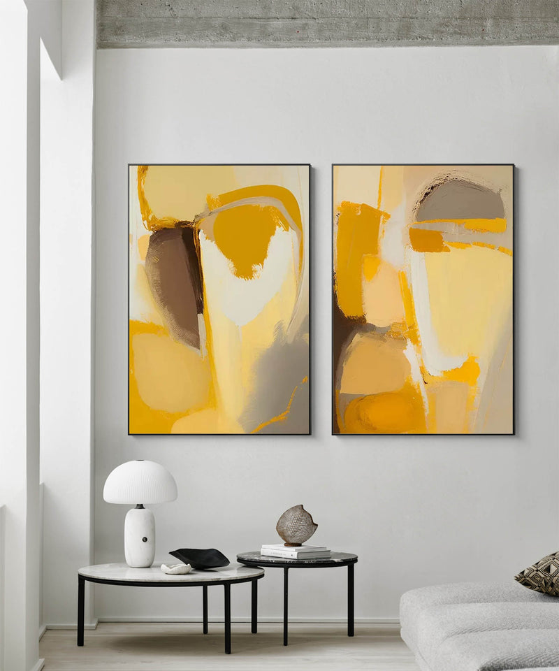 2 Piece Yellow Minimalist Abstract Canvas Painting Framed Set Of 2 Bright Minimalist Wall Art For Wall Decor