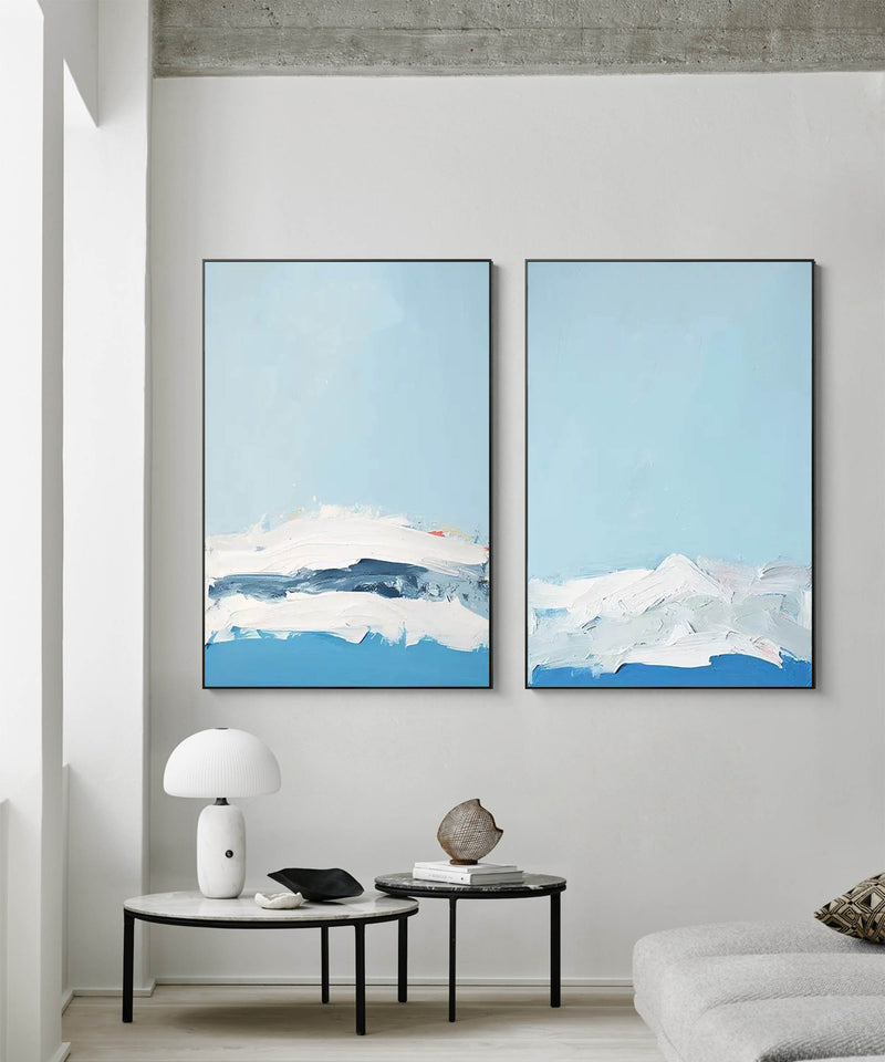 2 Piece Minimalist Painting Blue And White Landscape Minimalist Canvas Art Framed For Living Room