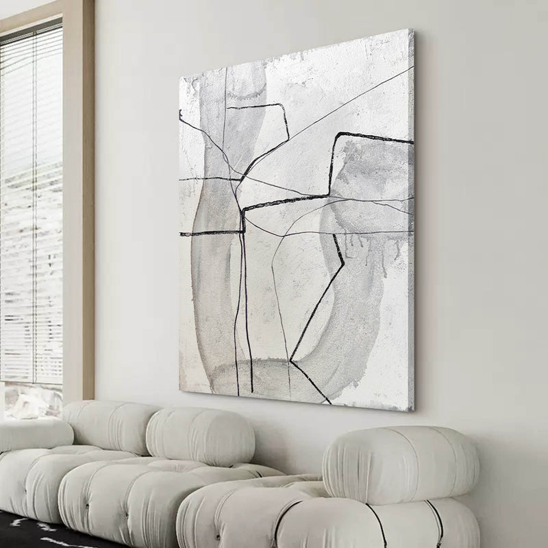 Large Black White Grey Minimalist Line Canvas Art Framed Modern Minimal Line Painting Acrylic