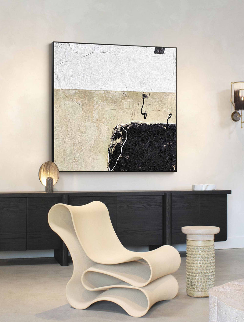 Black And White Beige Minimalist Abstract Painting Acrylic Framed Texture For Living Room
