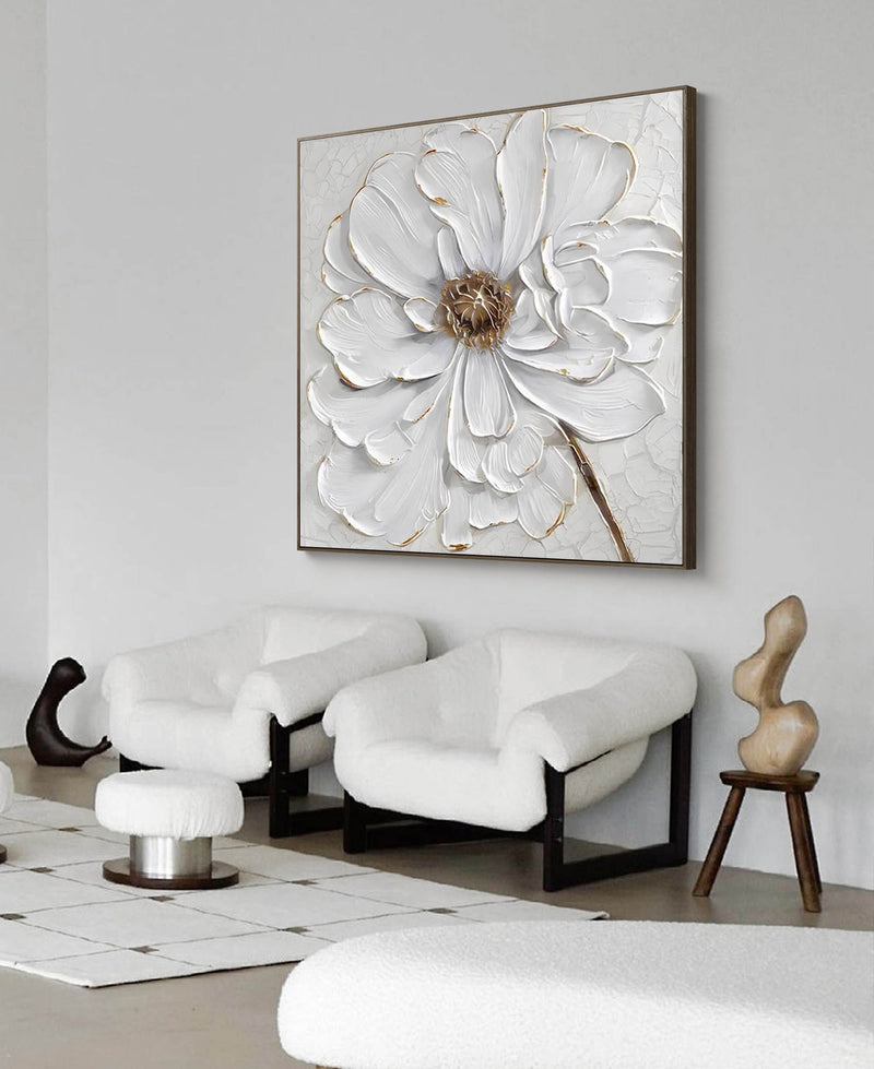 White Texture Flower Minimalist Painting Acrylic Minimal Flower Art For Wall Decor