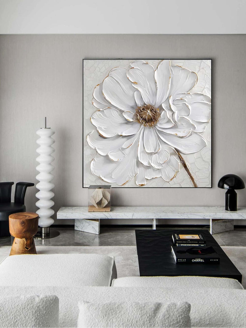 White Texture Flower Minimalist Painting Acrylic Minimal Flower Art For Wall Decor