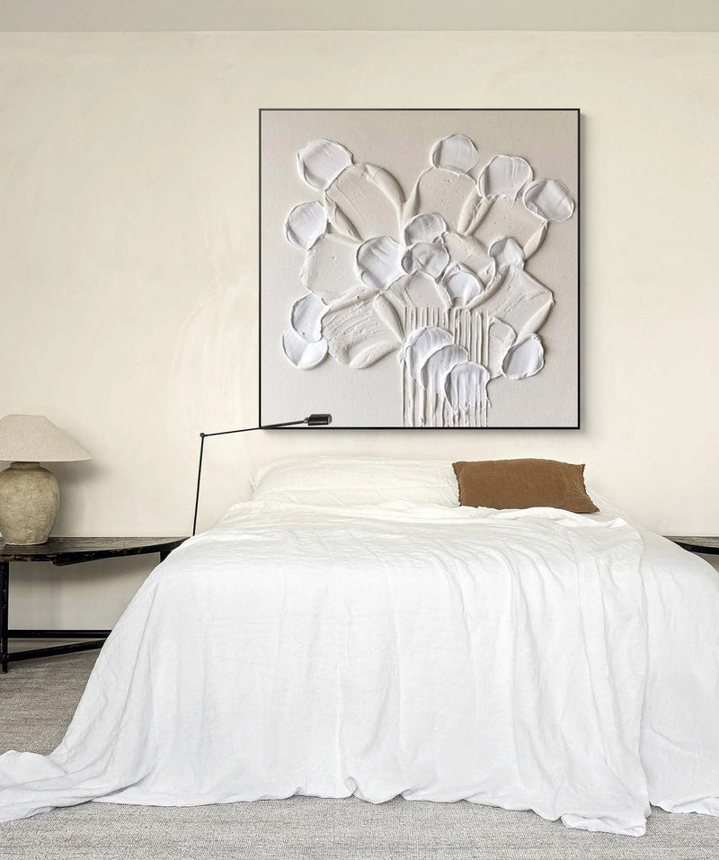 3D Textured Flower Painting Beige Floral Textured Wall Art White Floral Wall Art