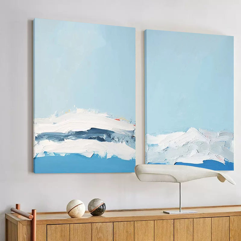 2 Piece Minimalist Painting Blue And White Landscape Minimalist Canvas Art Framed For Living Room