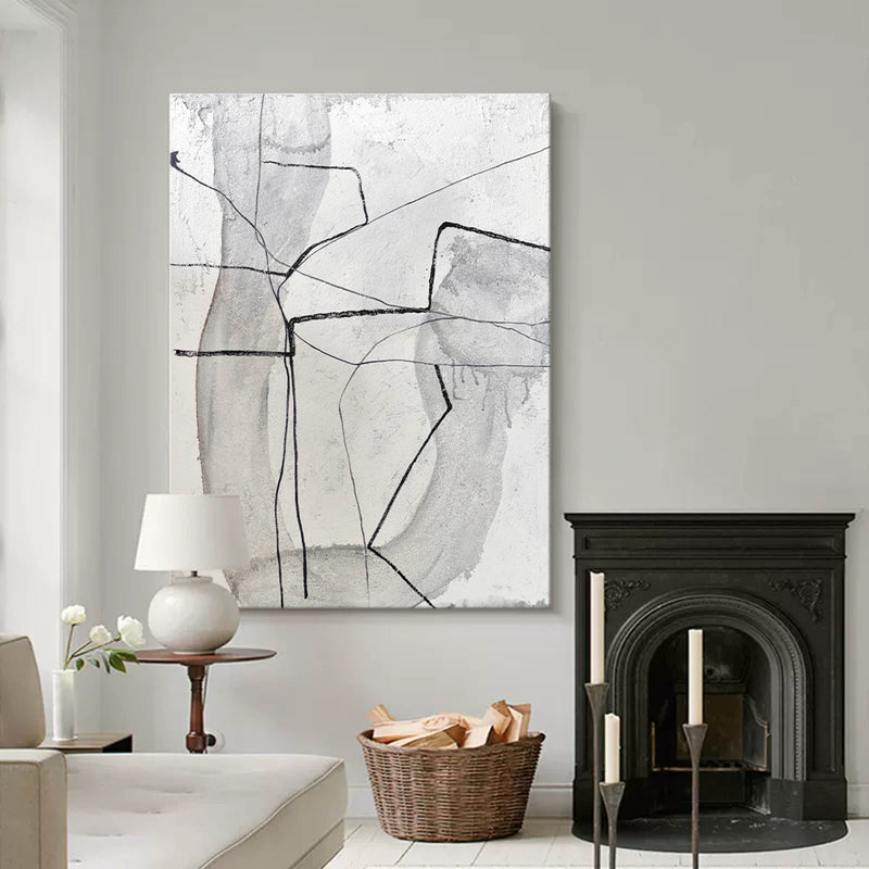 Large Black White Grey Minimalist Line Canvas Art Framed Modern Minimal Line Painting Acrylic