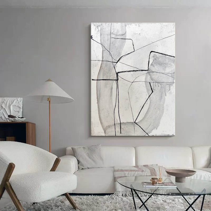 Large Black White Grey Minimalist Line Canvas Art Framed Modern Minimal Line Painting Acrylic