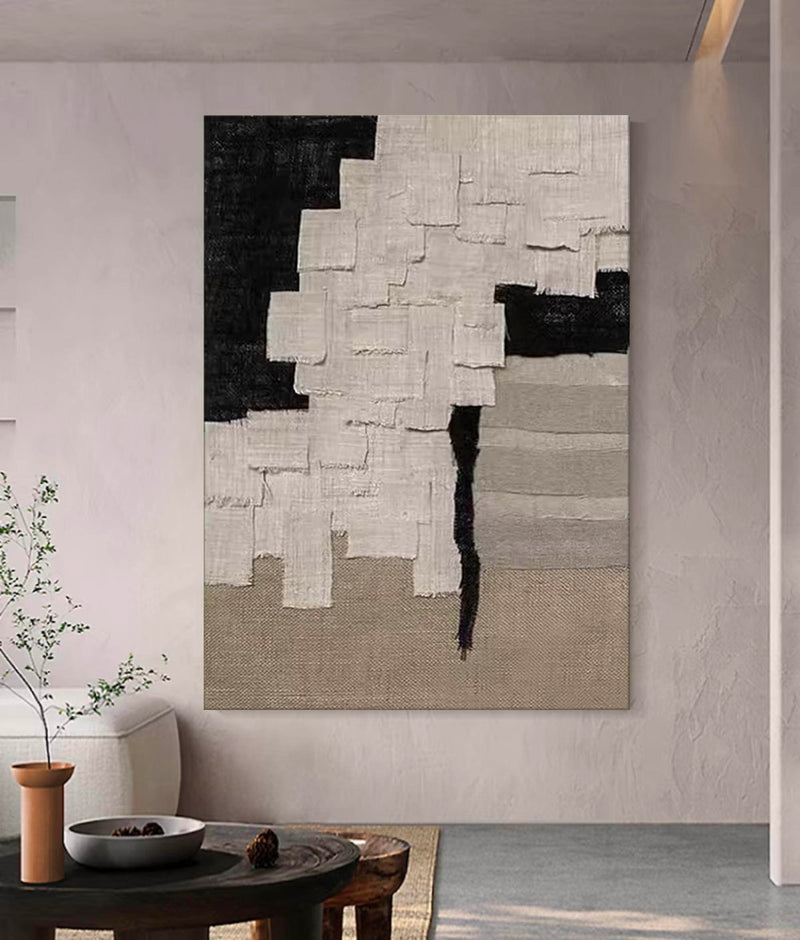 Original Beige Black Wabi Sabi Wall Art Large Minimalist Abstract Painting 3d Beige Textured Painting