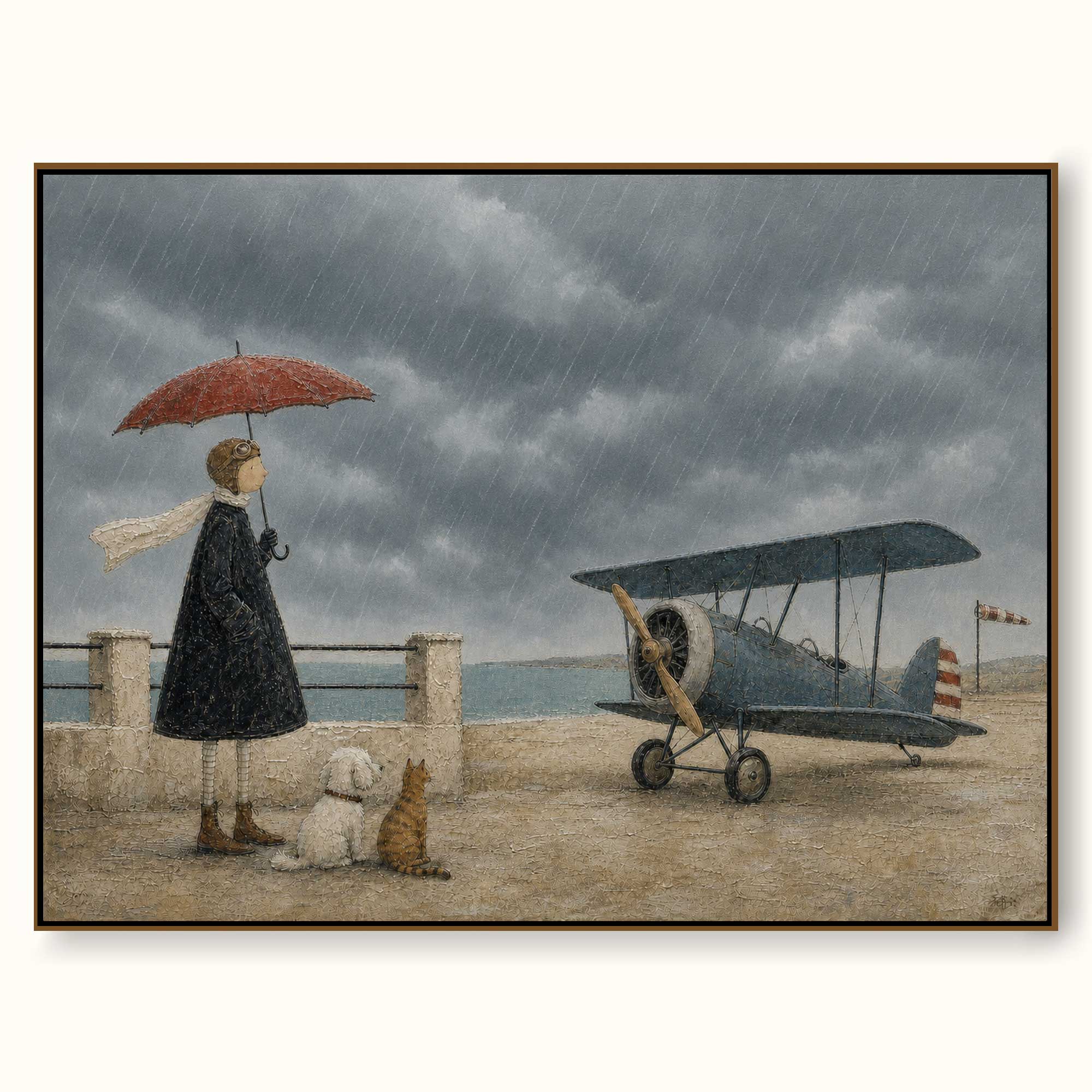 Whimsical Vintage Airplane Painting With Dog And Cat For Coastal Home Decor Art