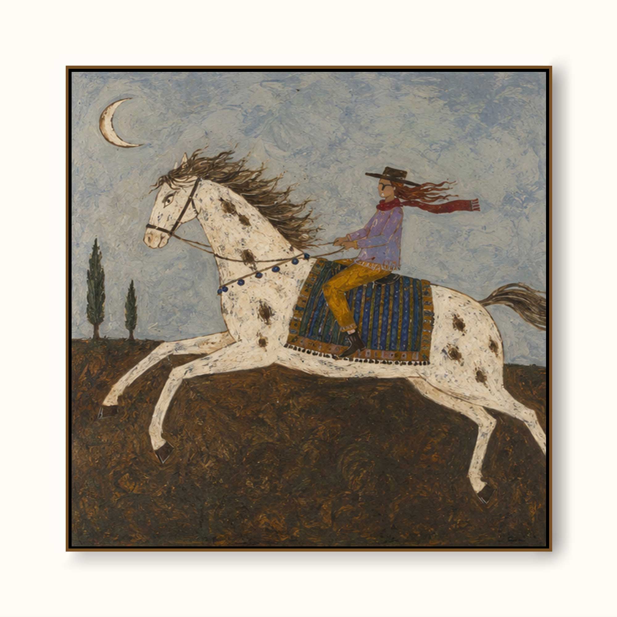 Hand Painted White Horse Night Ride Painting Western Folk Wall Art Bohemian Equestrian Artwork