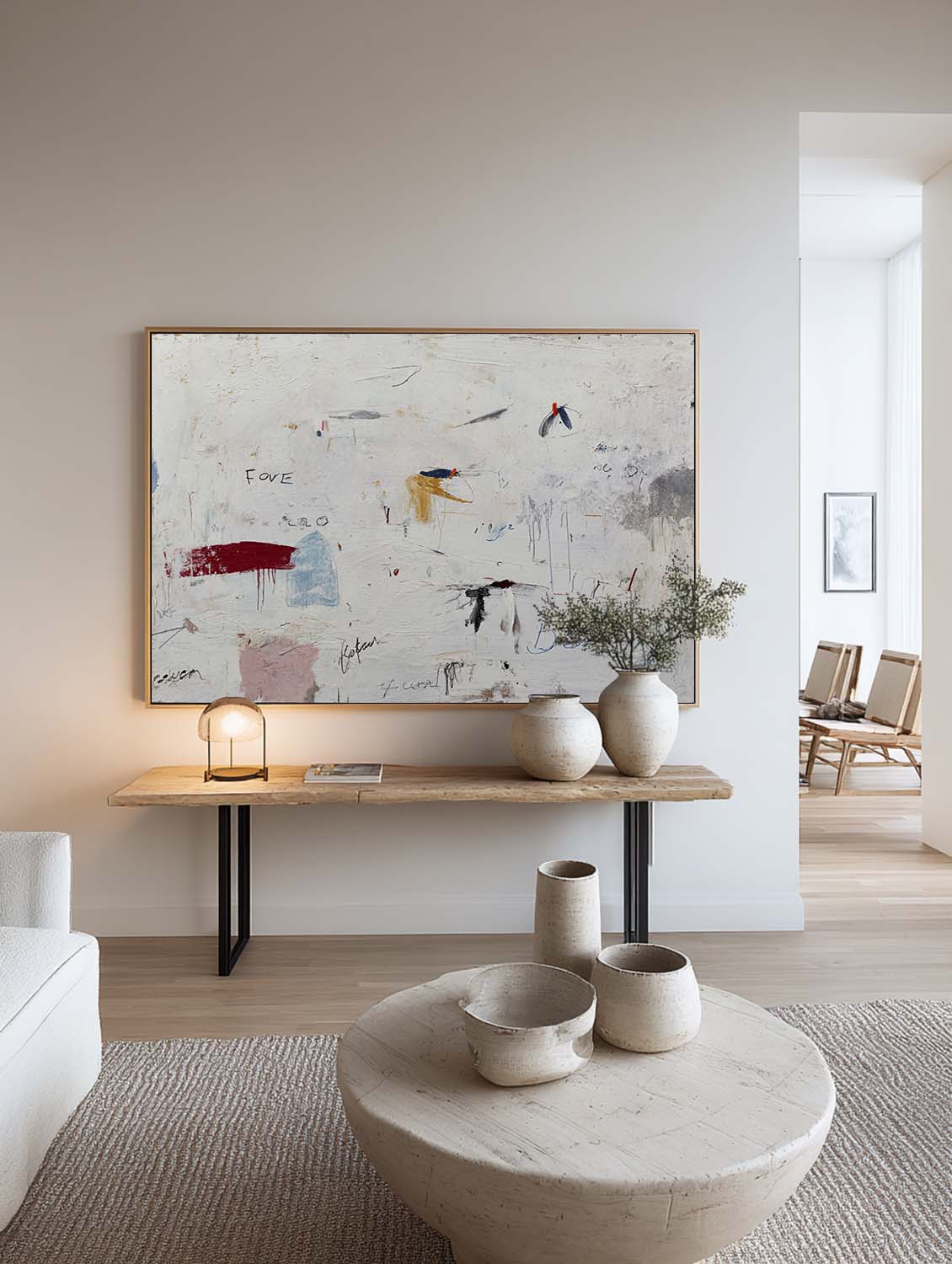 Contemporary Neutral White Graffiti Abstract Painting Minimalist Wabi-Sabi Graffiti Abstract Canvas Minimalist White Abstract Oil Painting