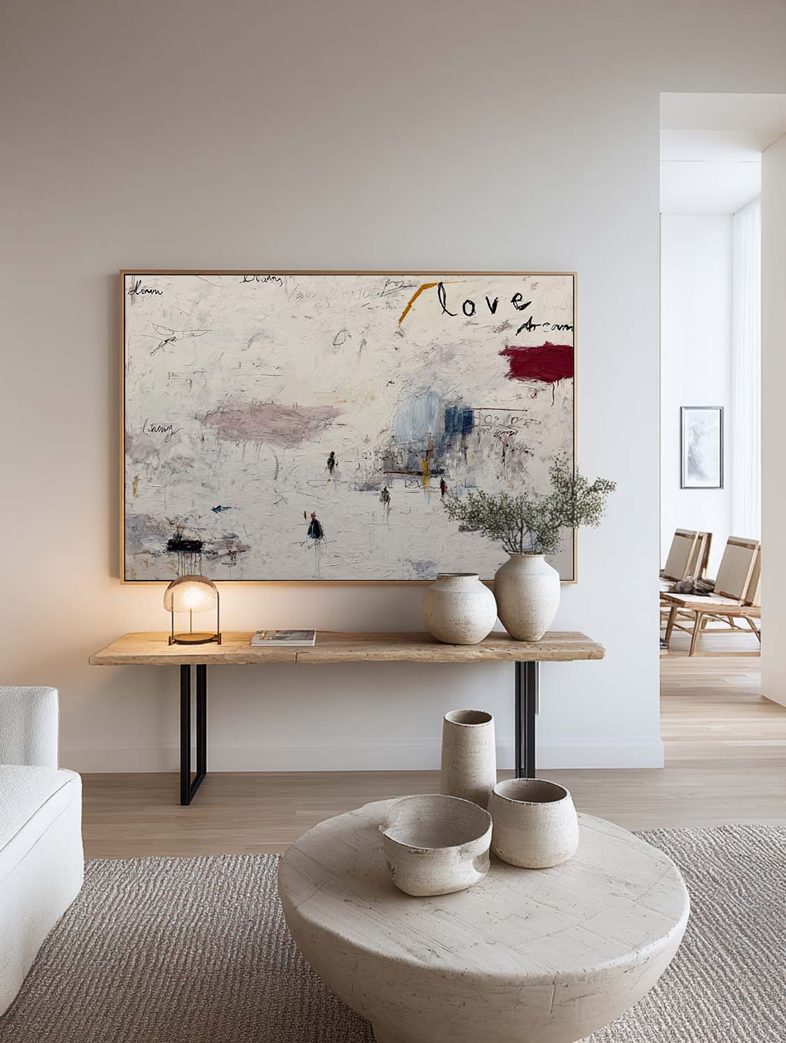 Handmade Neutral White Graffiti Abstract Painting With Love Lettering Minimalist Neutral White Graffiti Wall Art Original Textured Wall Art