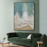 Large 3D Textured Ocean Painting Minimalist Green and White Wave Painting