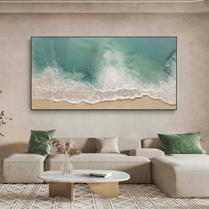 Light Green Ocean Wave Painting Beige Green Minimalist Art Large Sea Canvas Painting