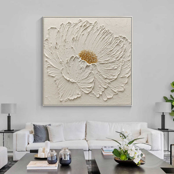 3D Large White Flower Oil Painting Heavy Textured Painting Abstract Landscape Wall Art 