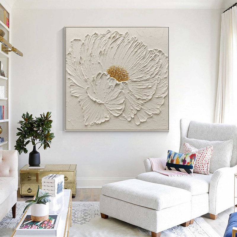 3D Large White Flower Oil Painting Heavy Textured Painting Abstract Landscape Wall Art 