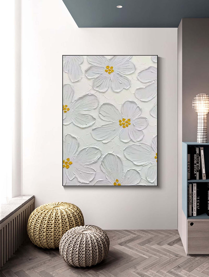 3d Abstract Flower Wall Decor Painting Palette Knife Heavy Texture Painting Minimalist White Wall Decor