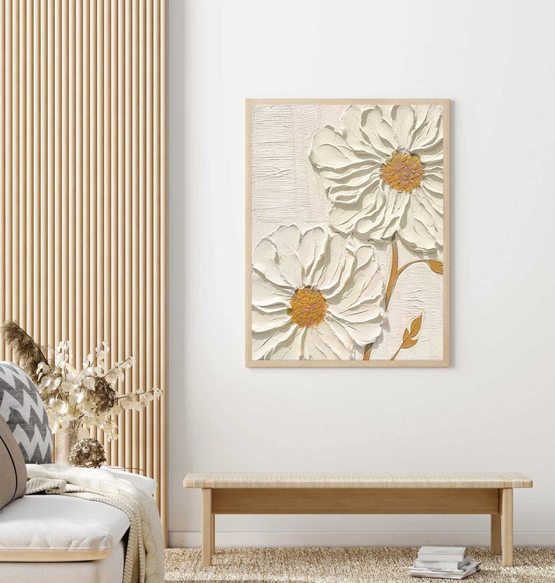 Daisy Flower Oil Painting 3D Texture Abstract Painting Beige Textured Original Painting