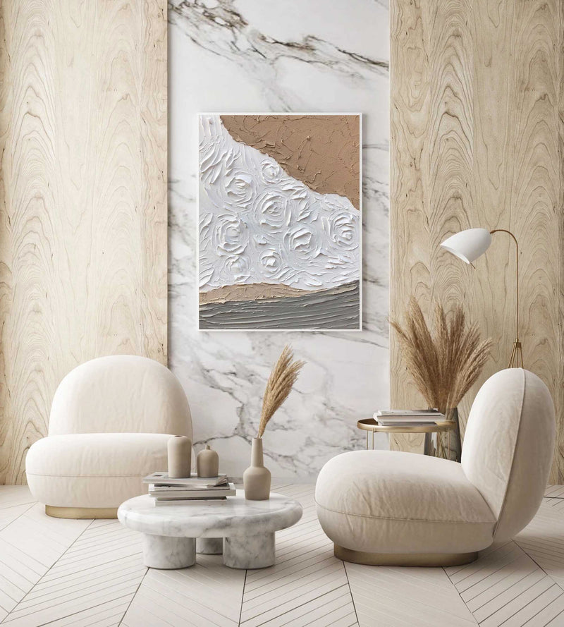 White Minimalist 3D Texture Painting Large Abstract Texture Art White and Brown Painting