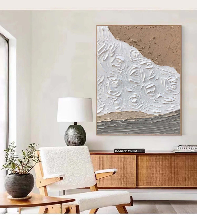 White Minimalist 3D Texture Painting Large Abstract Texture Art White and Brown Painting