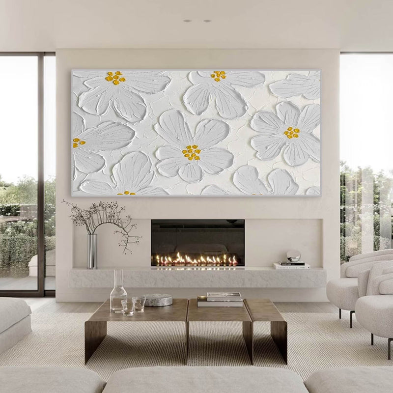 Larger 3D White Flowers Oil Painting White Texture Painting On Canvas Boho Wall Decor