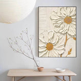 Daisy Flower Oil Painting 3D Texture Abstract Painting Beige Textured Original Painting