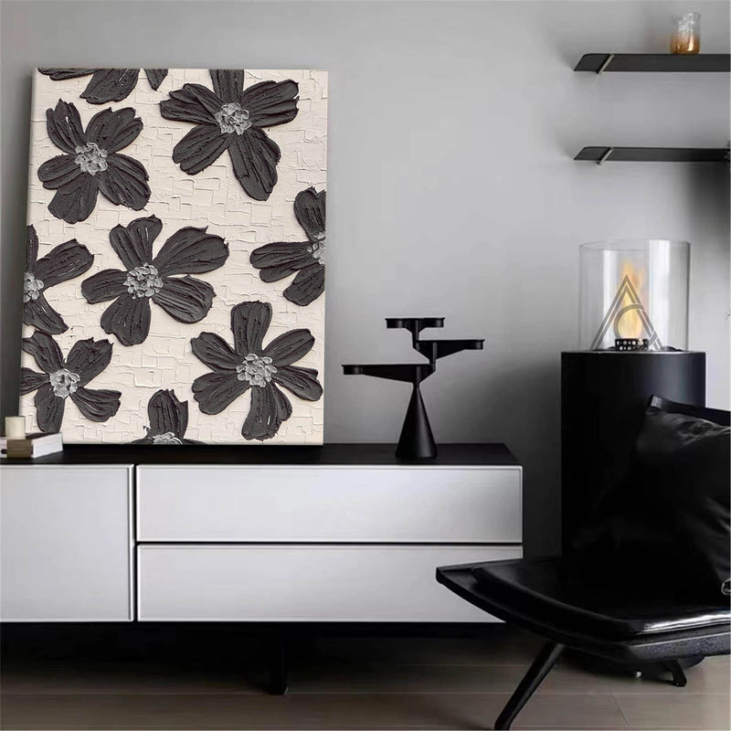 Black And Beige Texture Painting Minimalist Flower Painting Black Abstract Flowers Textural Painting