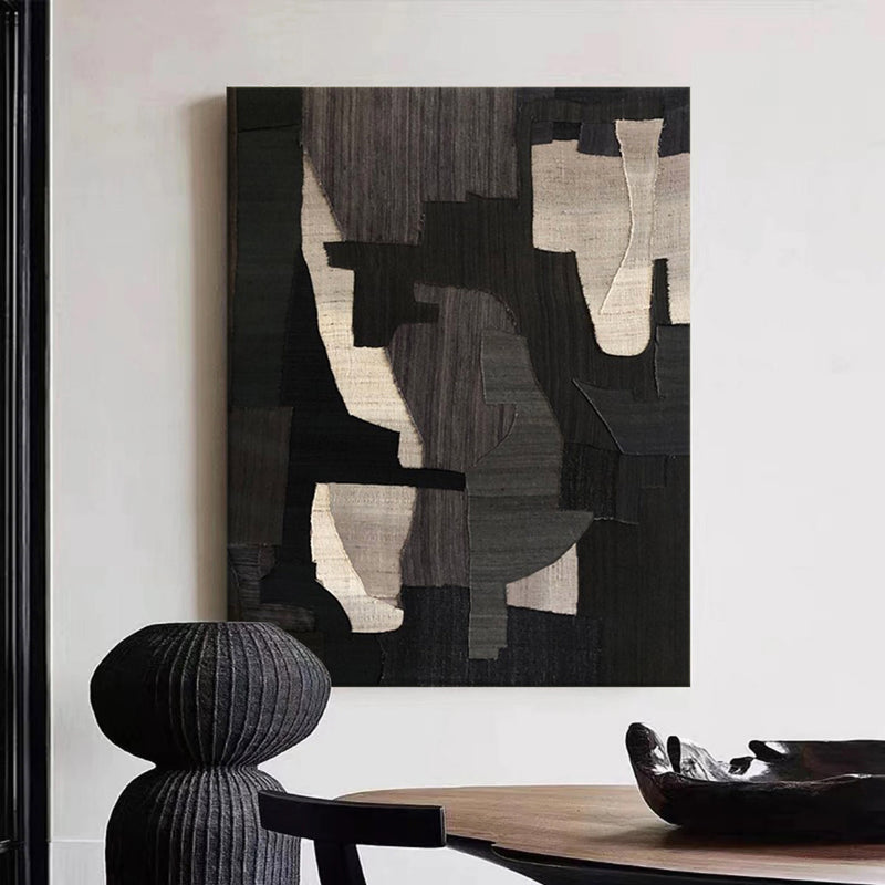 Large Textured Minimalist Abstract Geometric Painting Black Wabi Sabi Miniaml Wall Art