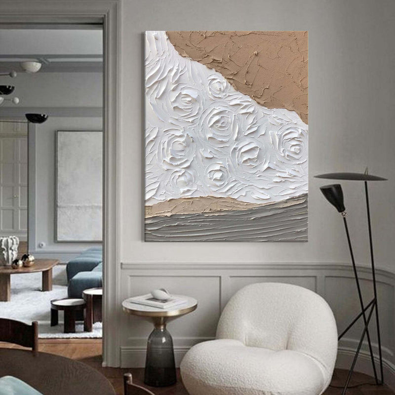 White Minimalist 3D Texture Painting Large Abstract Texture Art White and Brown Painting