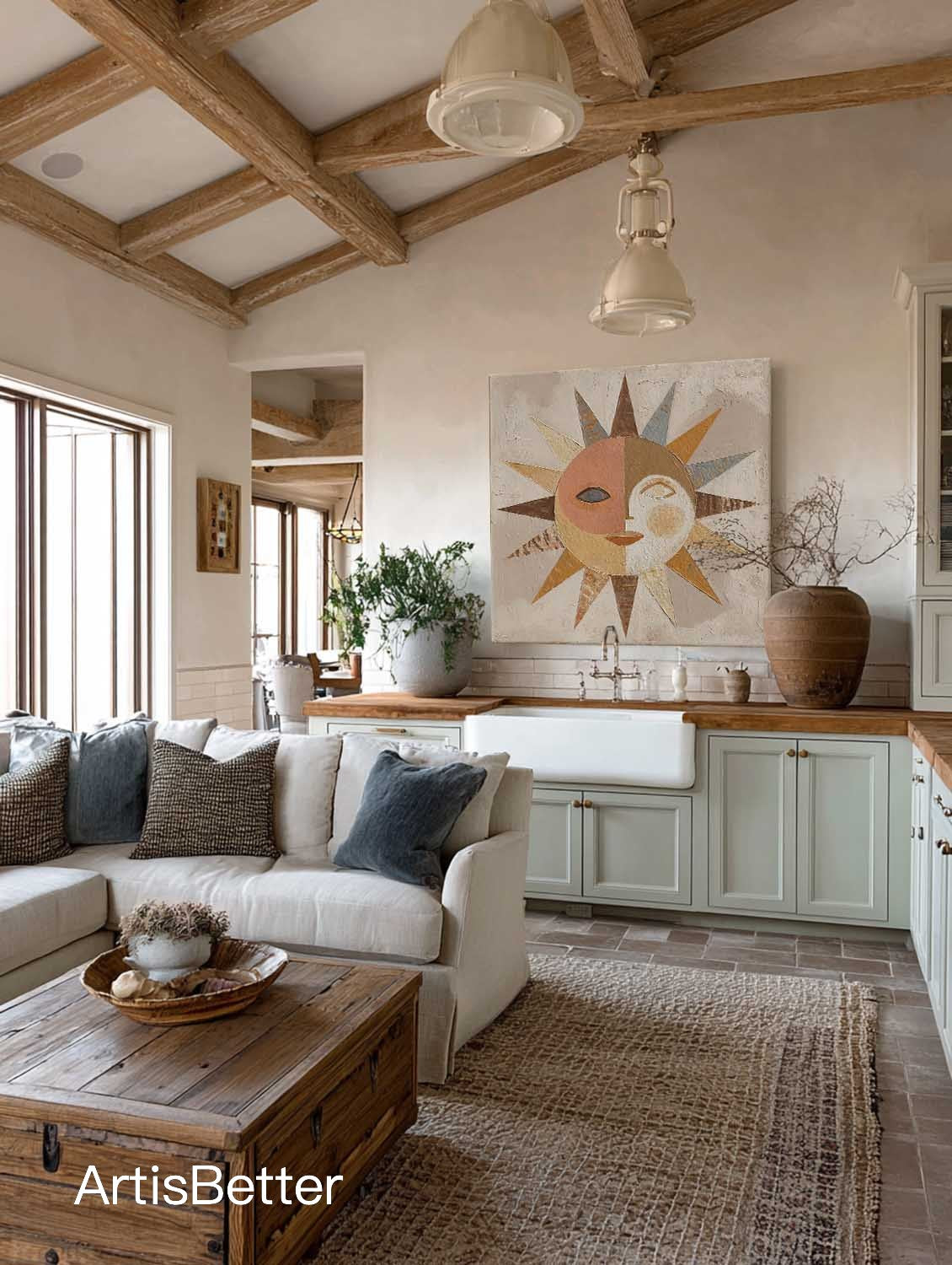 Original Textured Abstract Sun Face Wall Art Large Textured Abstract Portrait Canvas Neutral Beige Canvas Wall Art