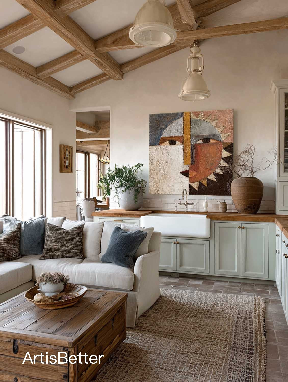 Original Abstract Sun Moon Canvas Artwork Modern Earthy Brown Geometric Abstract Oil Painting Modern Geometric Wall Art