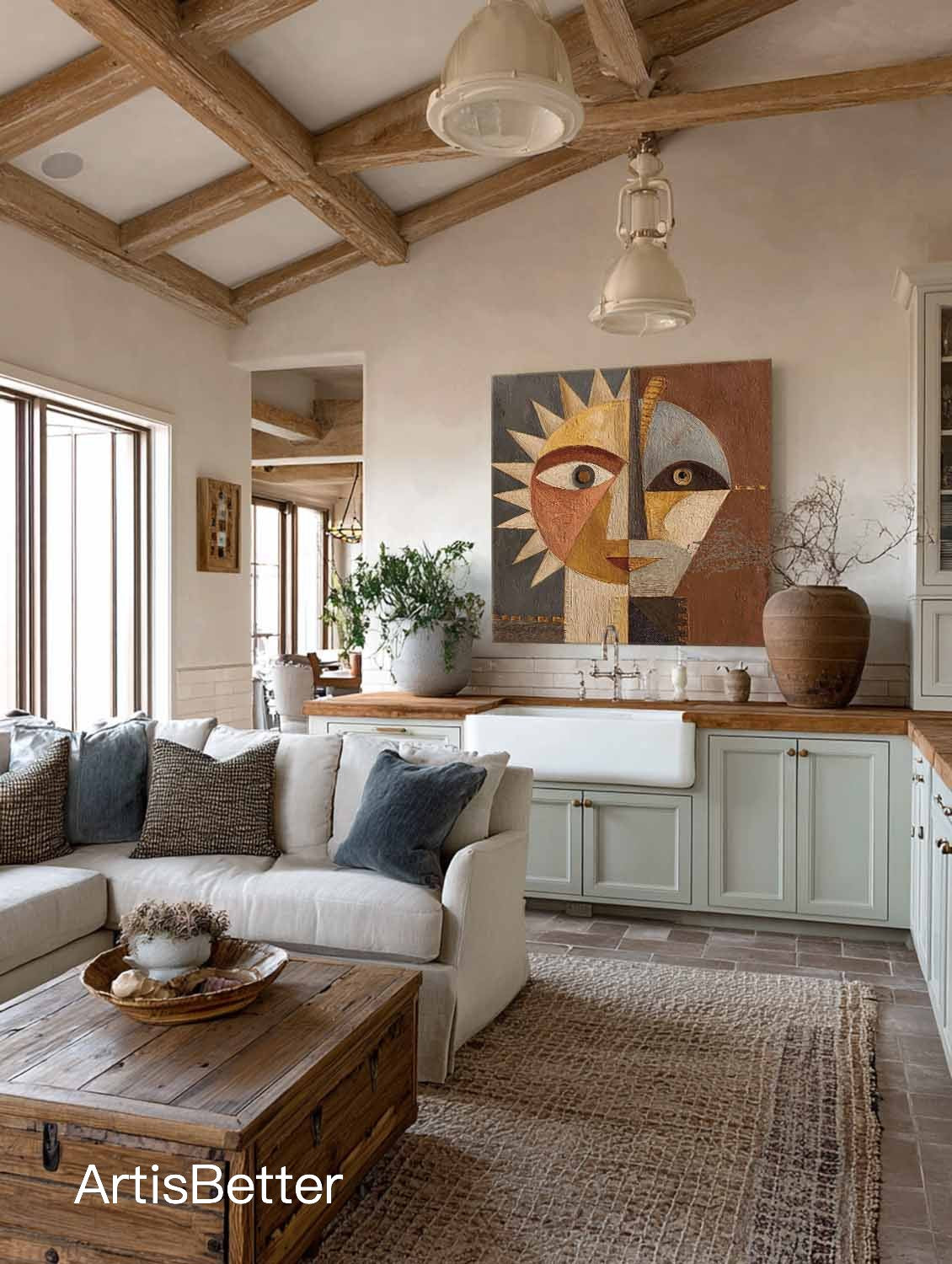 Handmade Textured Abstract Portrait Oil Painting Neutral Brown Canvas Artwork Large Textured Geometric Sun Face Art