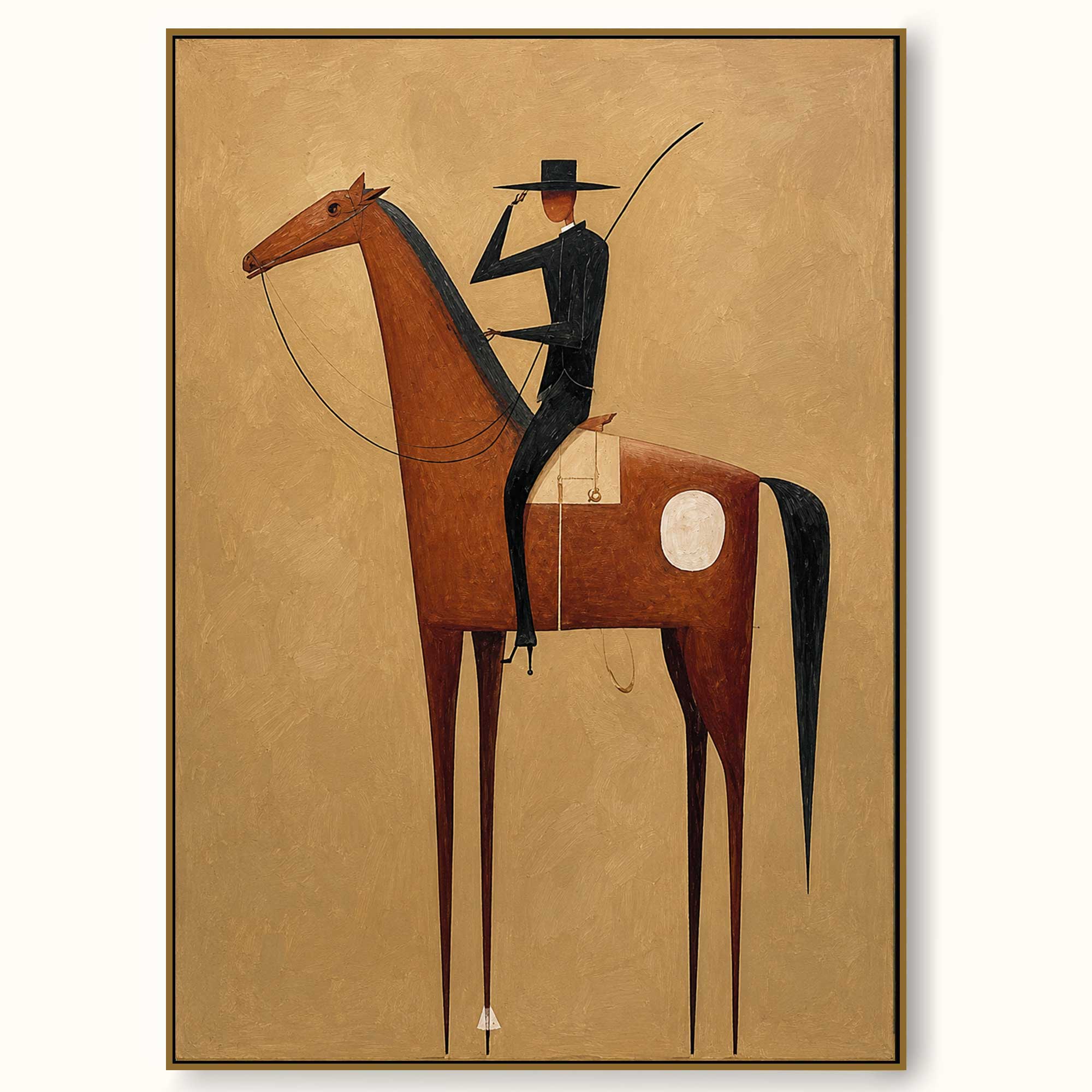 Vintage Minimalist Horse And Rider Painting For Modern Home Decor With Earthy Tones